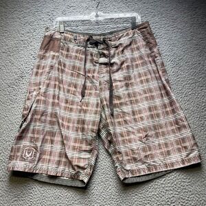 Red Sand Board Shorts Mens Size 32 Plaid Swim Trunks Bottoms